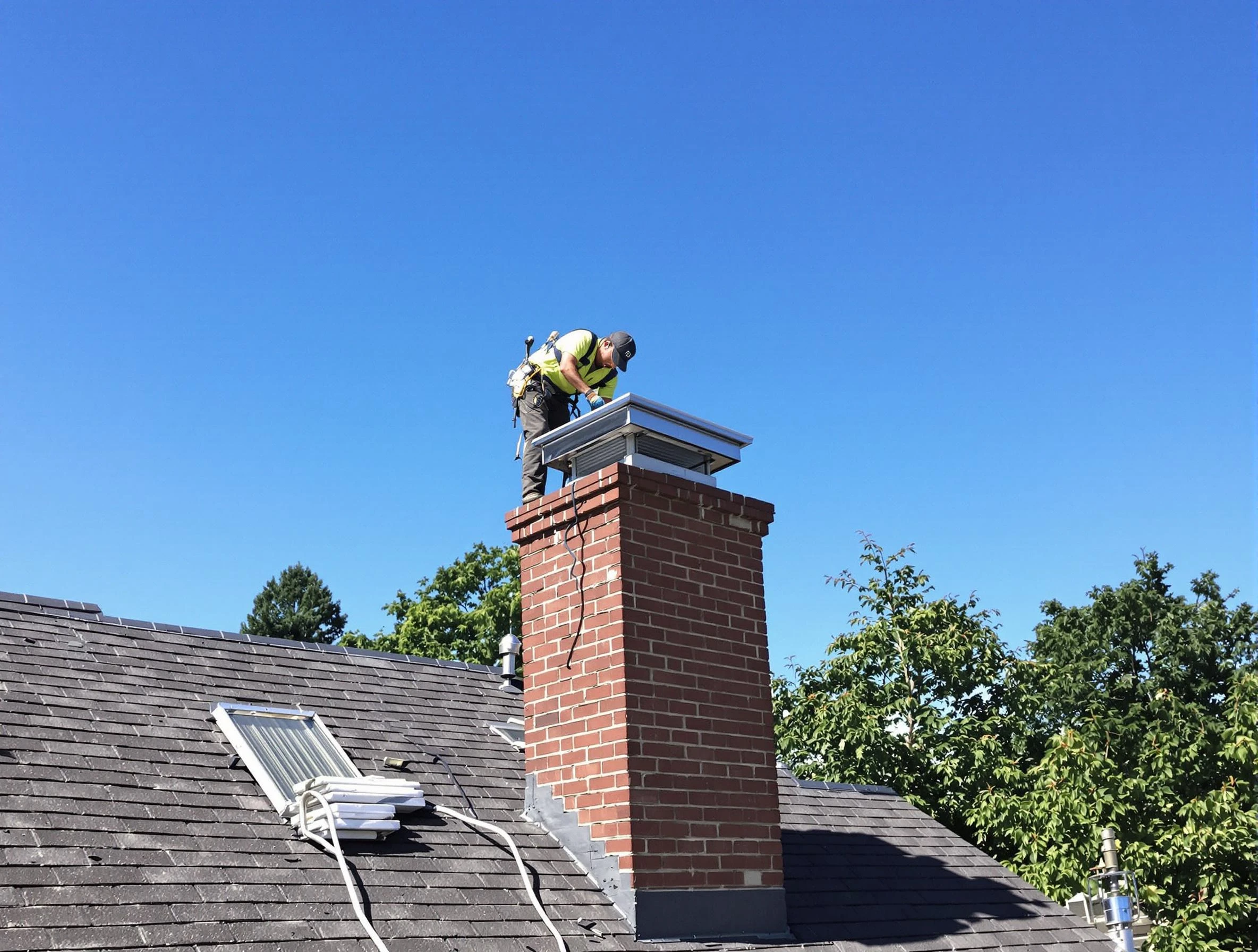 Ross Chimney Sweep technician measuring a chimney cap in Ross, PA