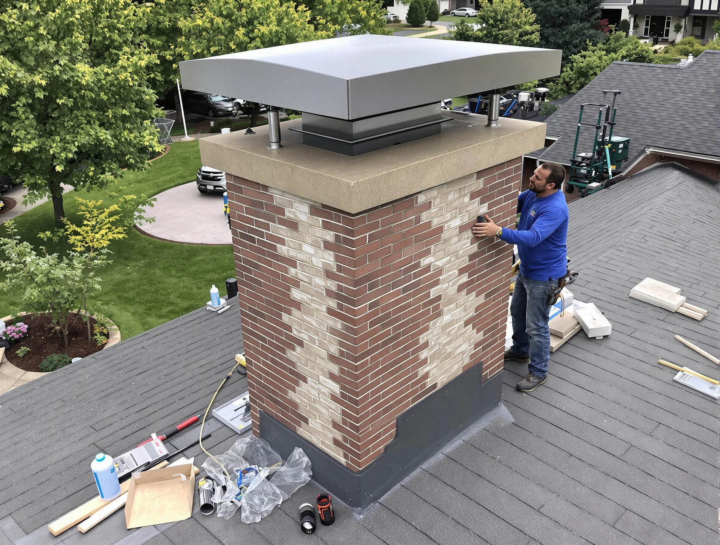 Ross Chimney Sweep team working on a custom chimney remodel in Ross, PA